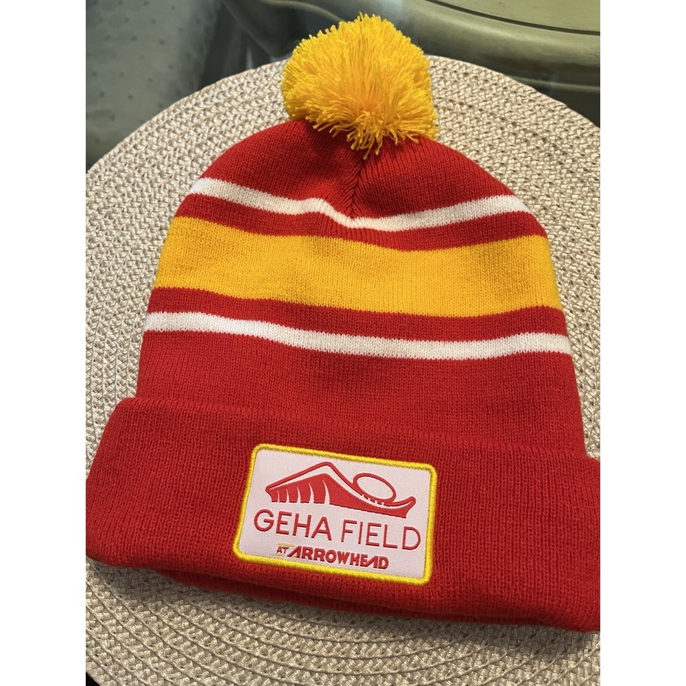 GEHA Beanie Toque Adult One Size Red Yellow Knit Acrylic Insurance Ski Pom